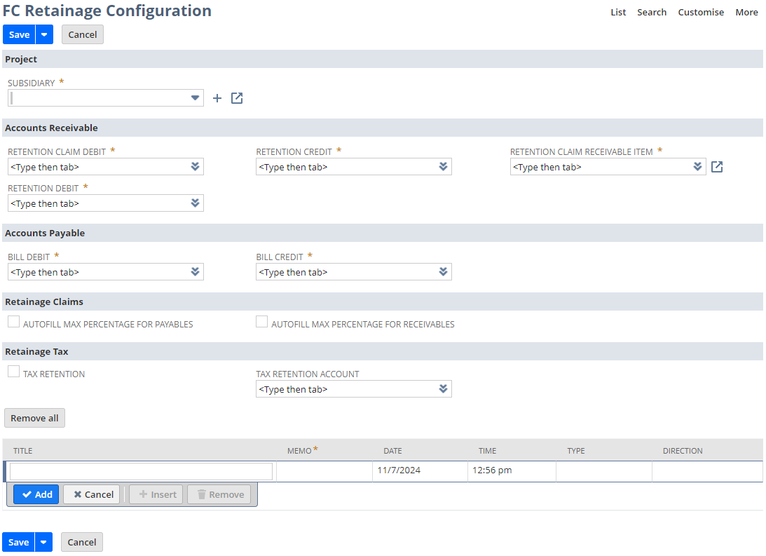 Retainage Config Screen